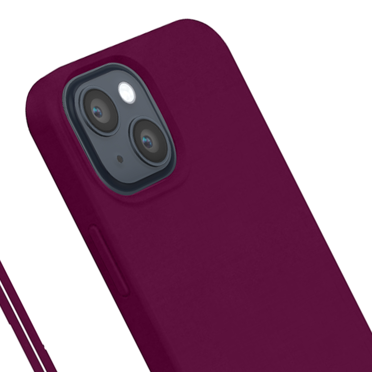 Primo piano di una custodia per smartphone viola scuro che mostra la doppia fotocamera su sfondo bianco.