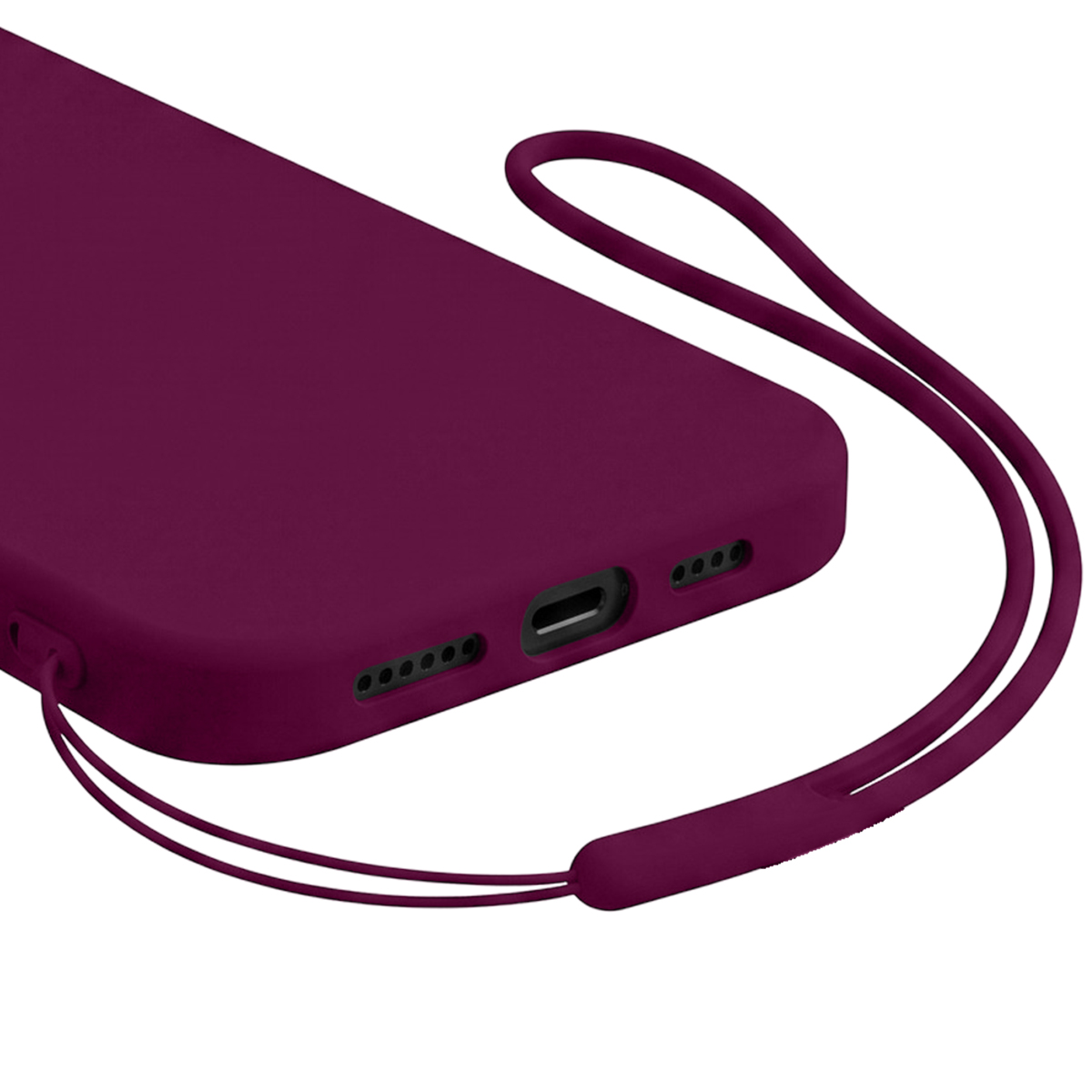 Uno smartphone viola con custodia in silicone e cordino coordinato su sfondo bianco.