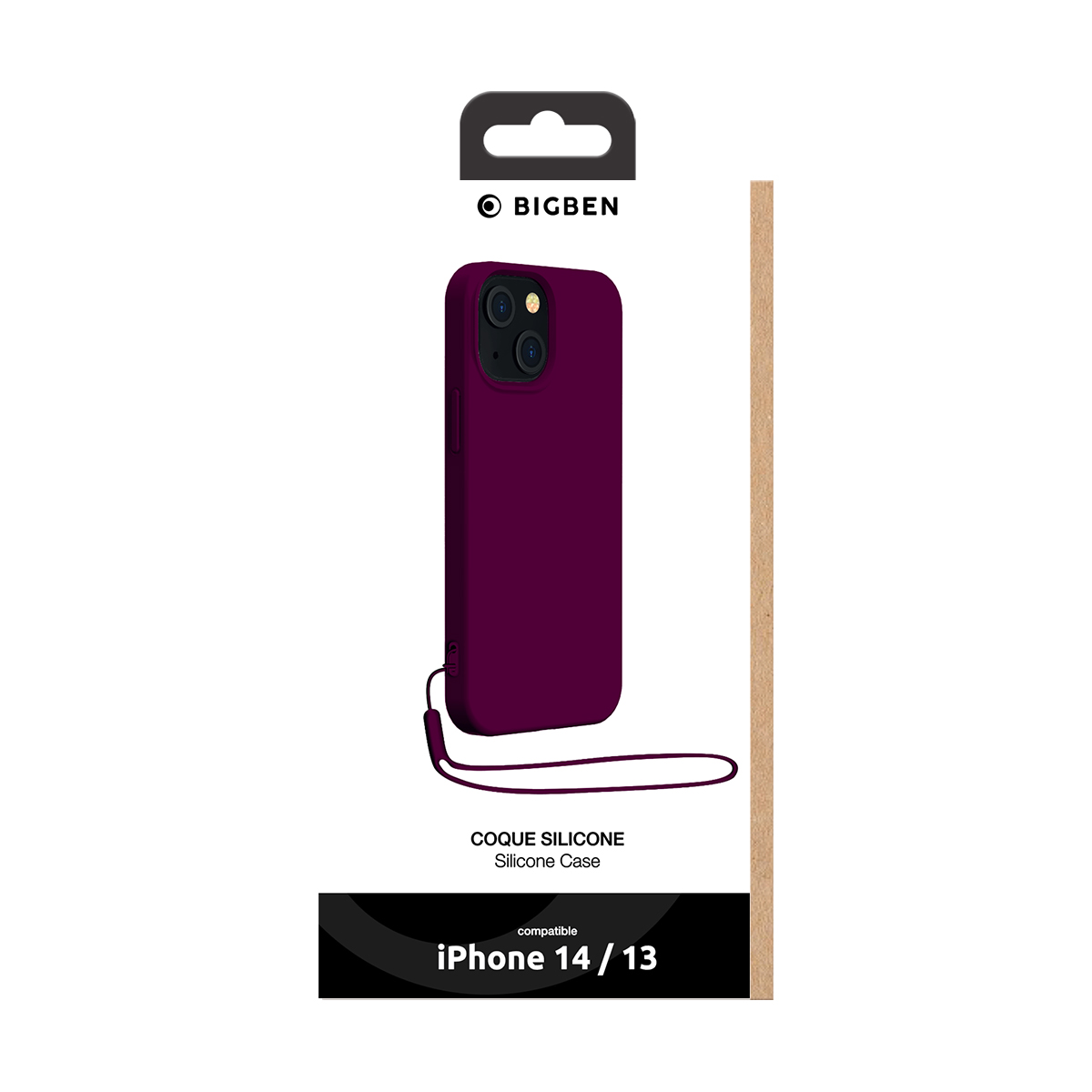 Custodia in silicone viola scuro con cordino per iPhone 14/13 in confezione.