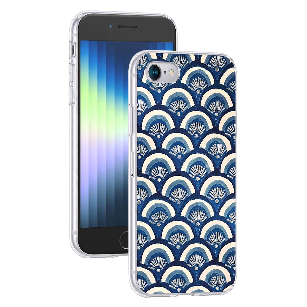 Smartphone con funda transparente con patrón de conchas azules y blancas.