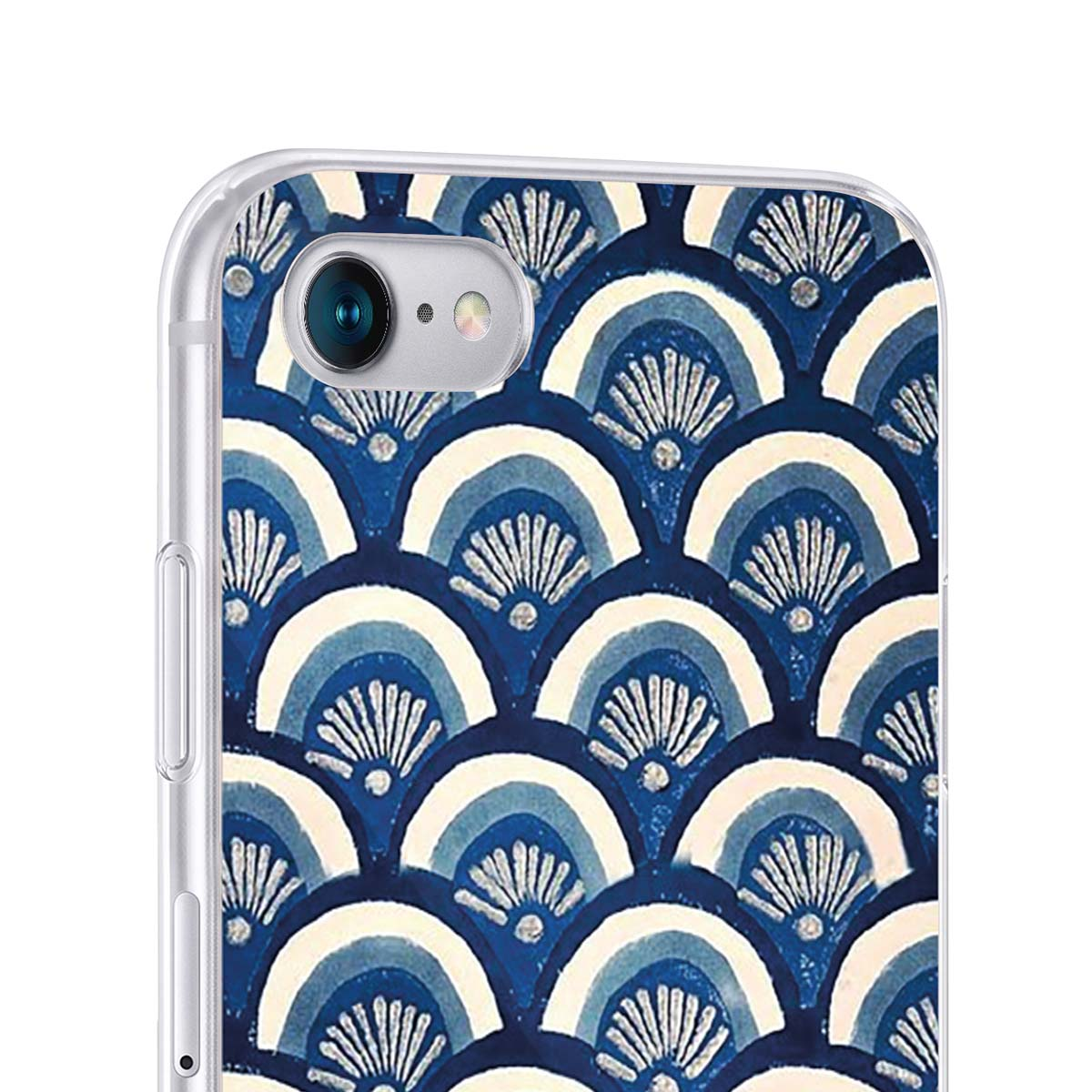 Funda para teléfono con patrón de abanico japonés azul y blanco.