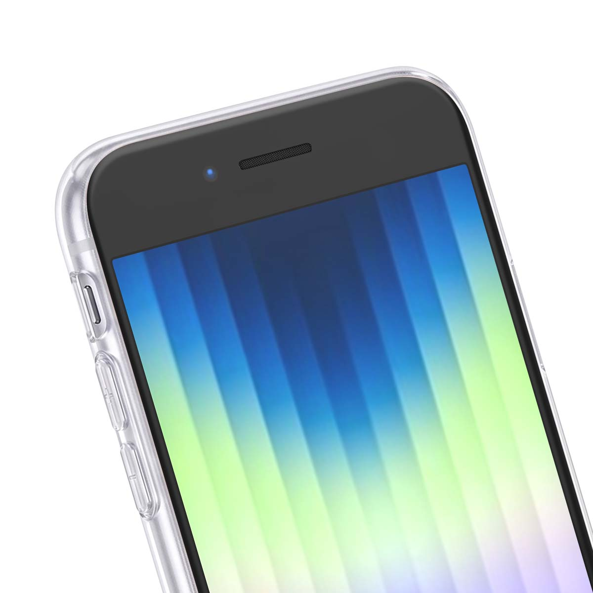 Primer plano de un teléfono inteligente con funda protectora transparente y pantalla azul y verde.