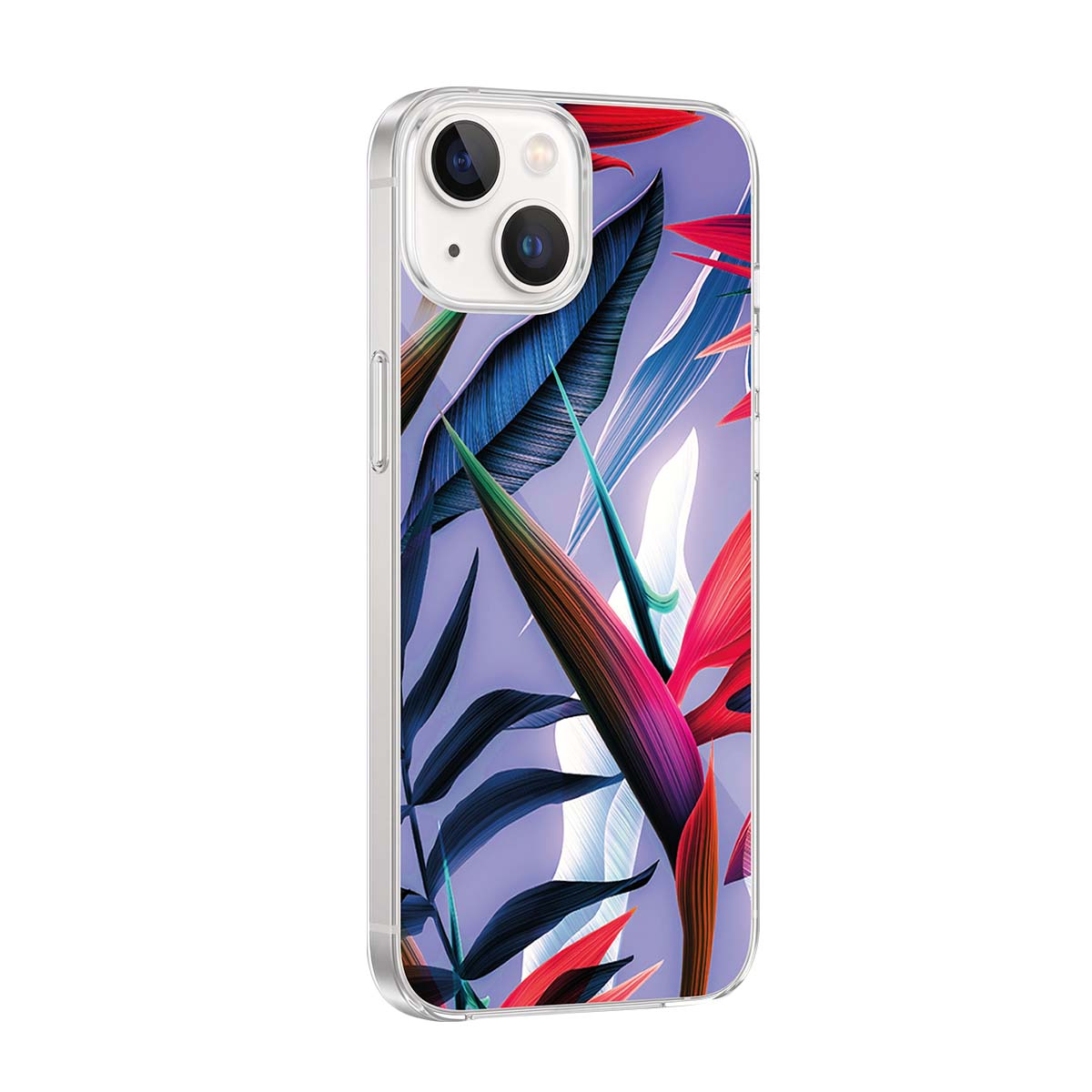 Custodia per telefono con motivo di foglie tropicali colorate in blu, rosso e verde su sfondo viola.