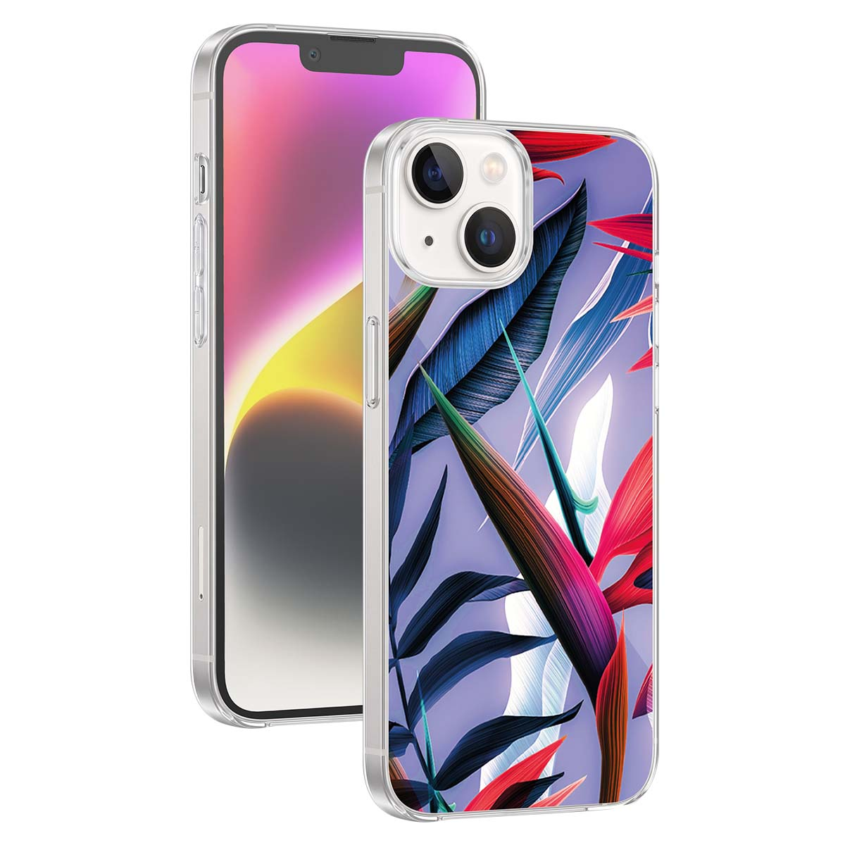 Uno smartphone con una cover protettiva trasparente decorata con un motivo di foglie tropicali colorate.