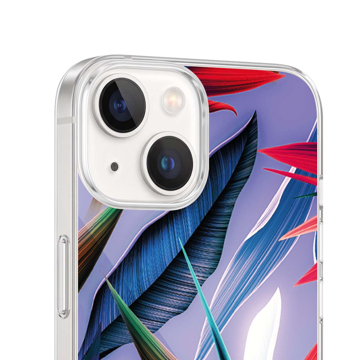 Uno smartphone in una cover trasparente presenta un vivace motivo a foglie tropicali con fogliame rosso, blu e verde.