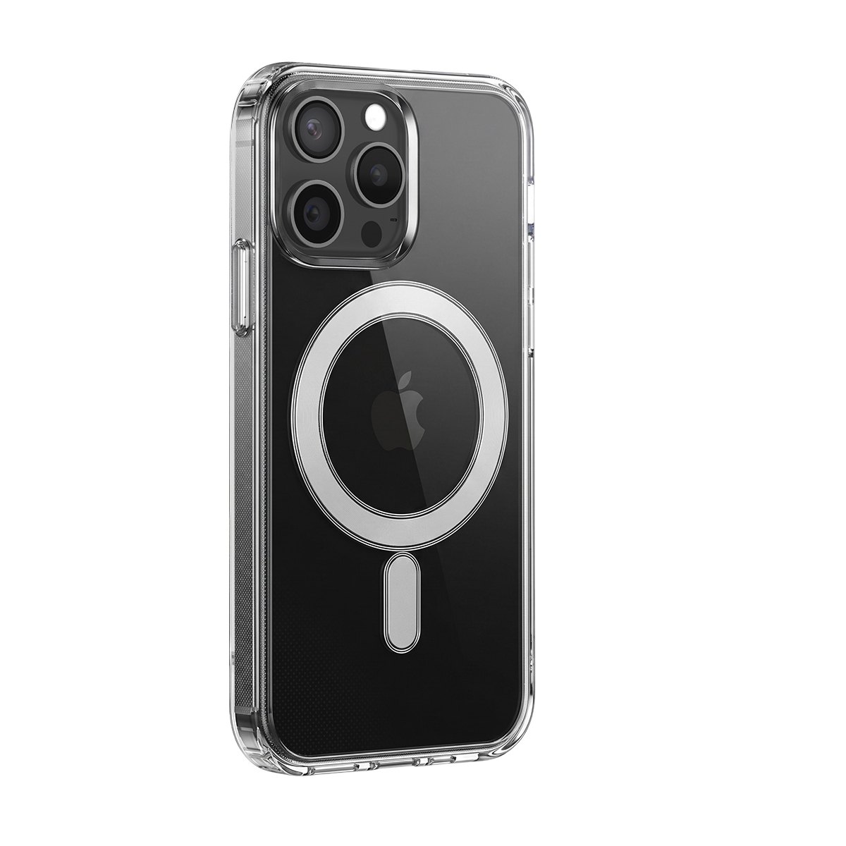 Custodia trasparente per smartphone con anello MagSafe e ritaglio per fotocamera su sfondo bianco.