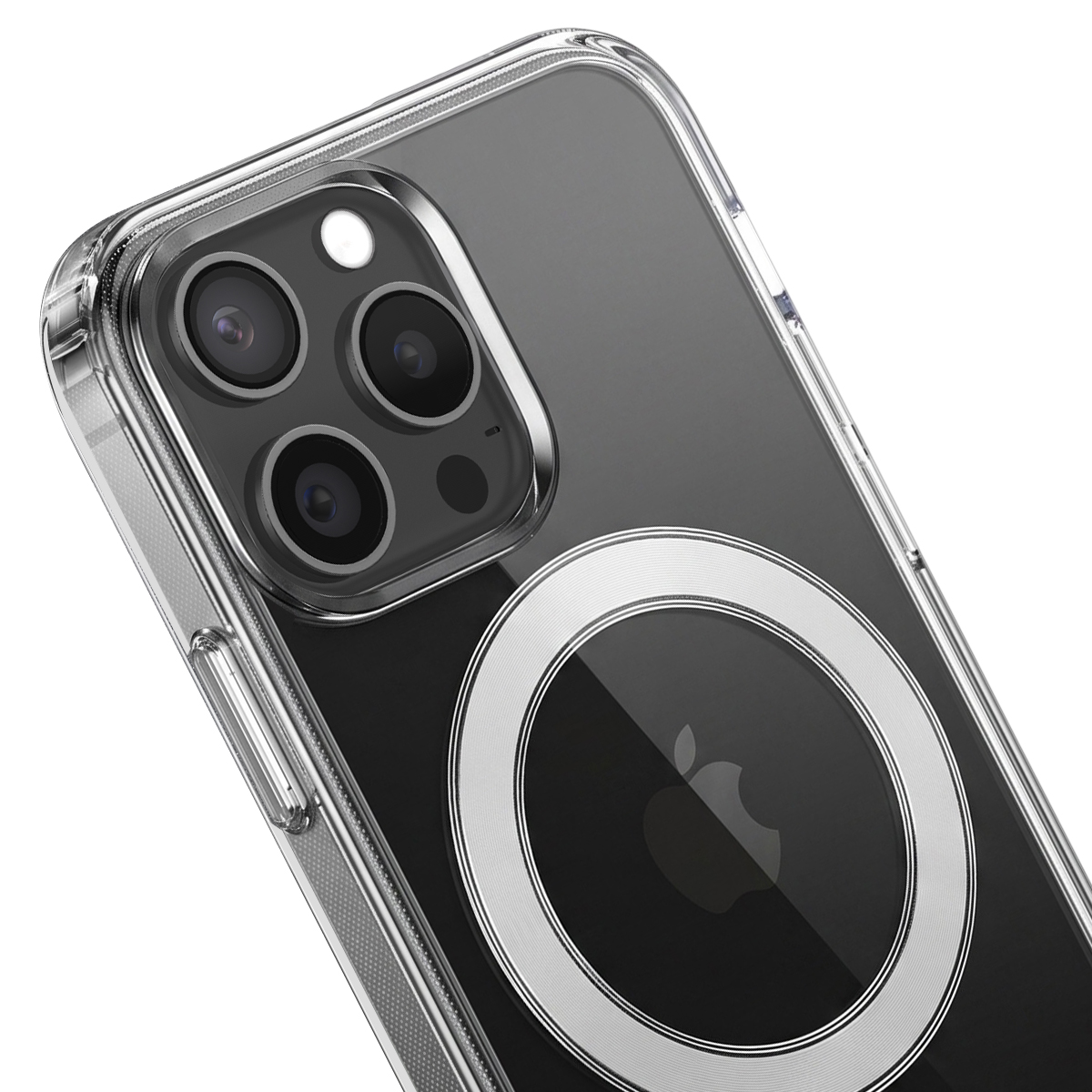 Retro di uno smartphone in custodia trasparente con anello MagSafe e tripla fotocamera.