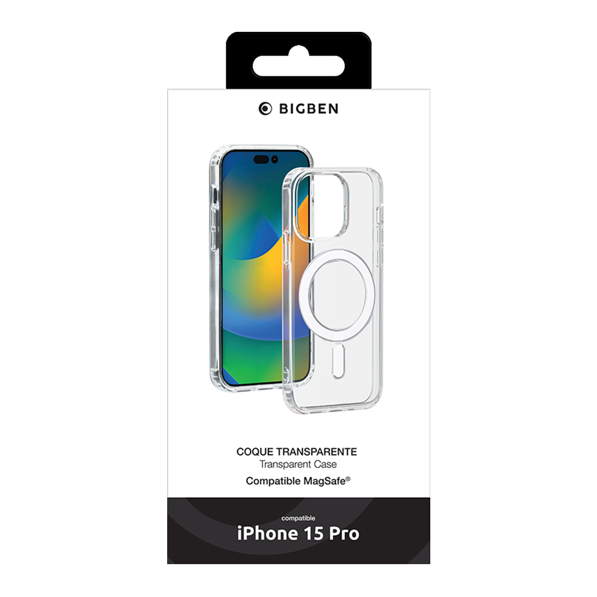 Confezione di una custodia trasparente MagSafe Bigben per iPhone 15 Pro.
