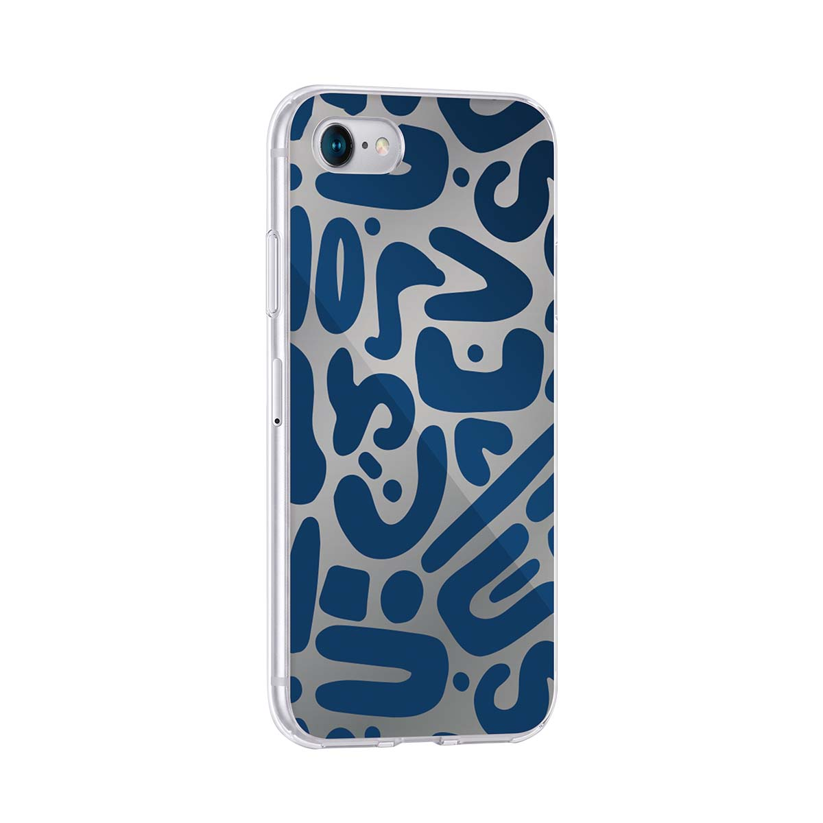 Custodia per telefono trasparente con motivi astratti blu e ritaglio per fotocamera.