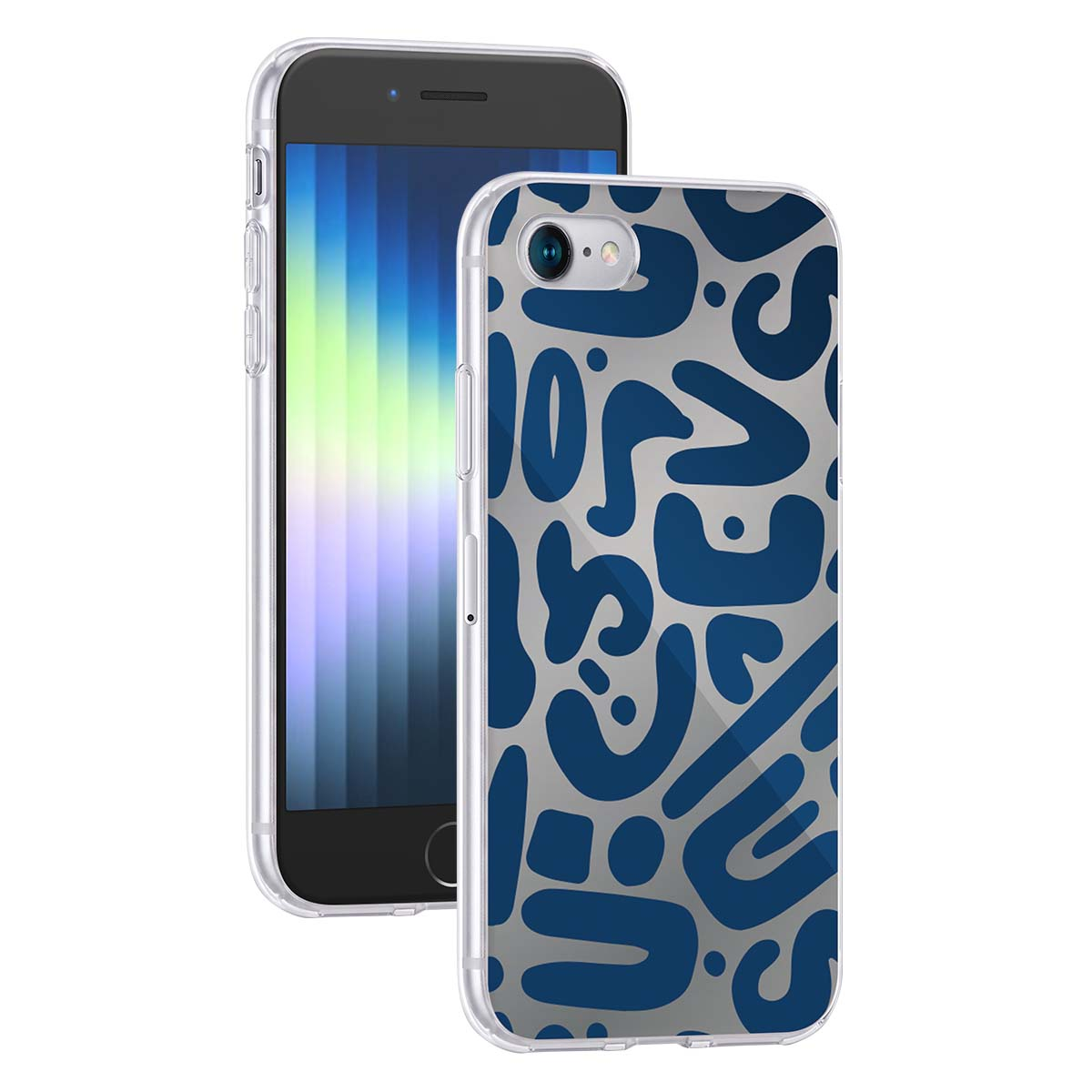 Uno smartphone in una custodia trasparente con motivo graffiti astratto blu.