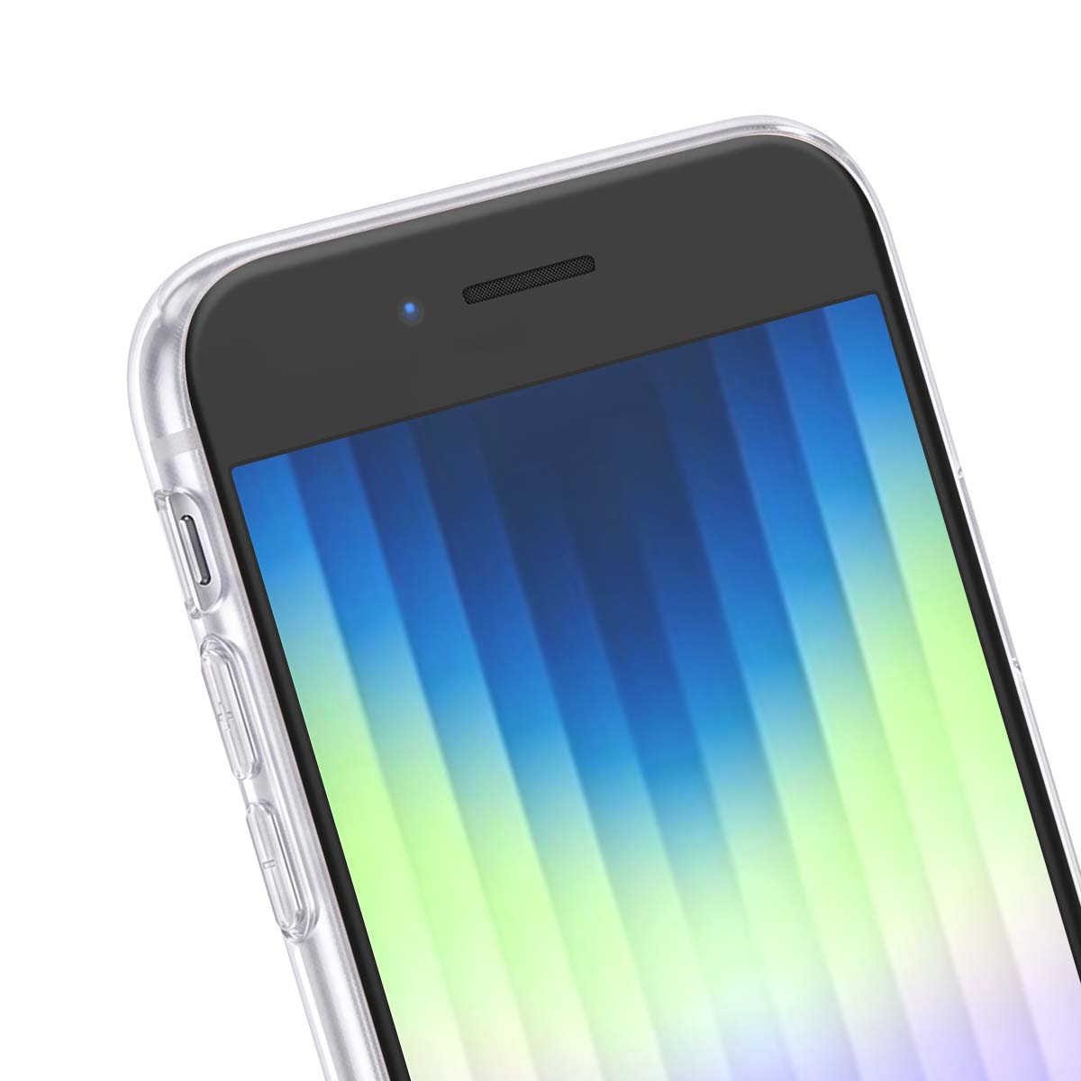 Primo piano di uno smartphone in cover trasparente con bordo superiore e sfondo a righe blu-verdi.