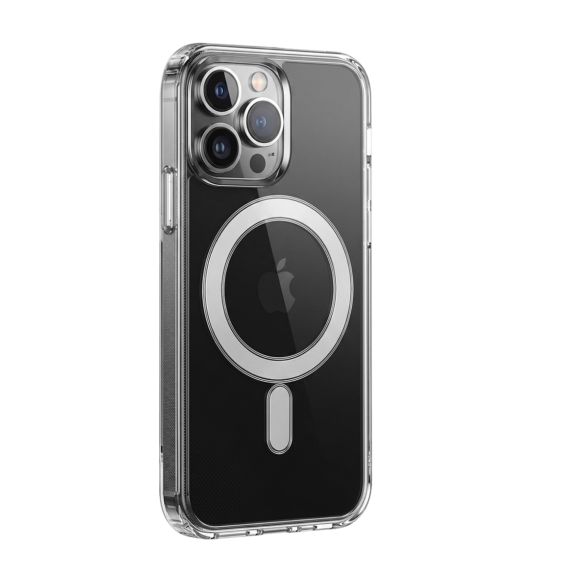 Una funda transparente para iPhone con un anillo MagSafe en la parte trasera y recortes para la cámara.