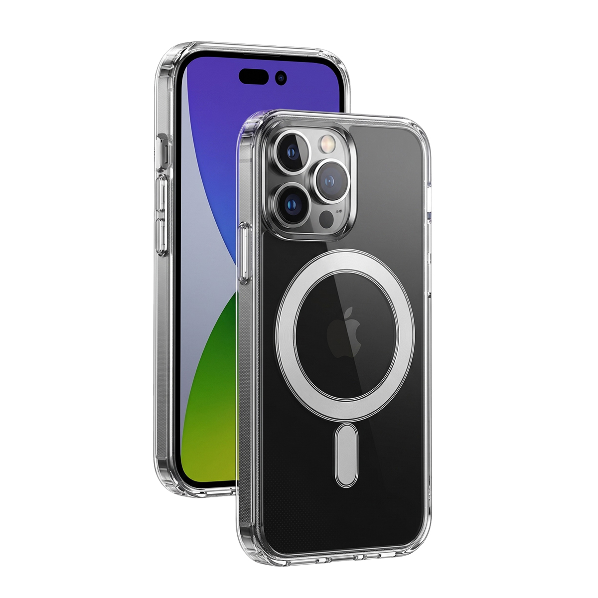 Dos smartphones en funda protectora transparente con anillo MagSafe y triple cámara sobre fondo blanco.