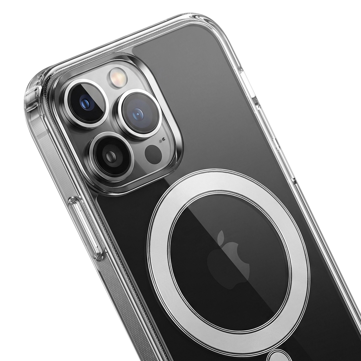 Parte trasera de un smartphone en funda protectora transparente con anillo MagSafe y triple cámara.