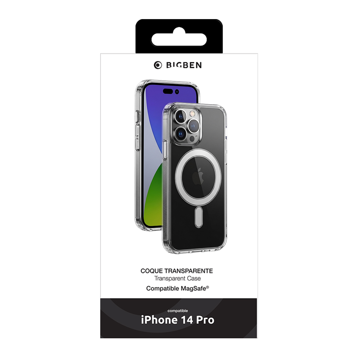 Funda transparente Bigben MagSafe en su embalaje para iPhone 14 Pro.