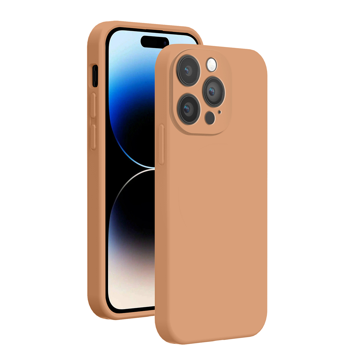 Due cover per smartphone marrone chiaro, una mostra la parte anteriore con schermo blu, l'altra la parte posteriore con tre fotocamere.