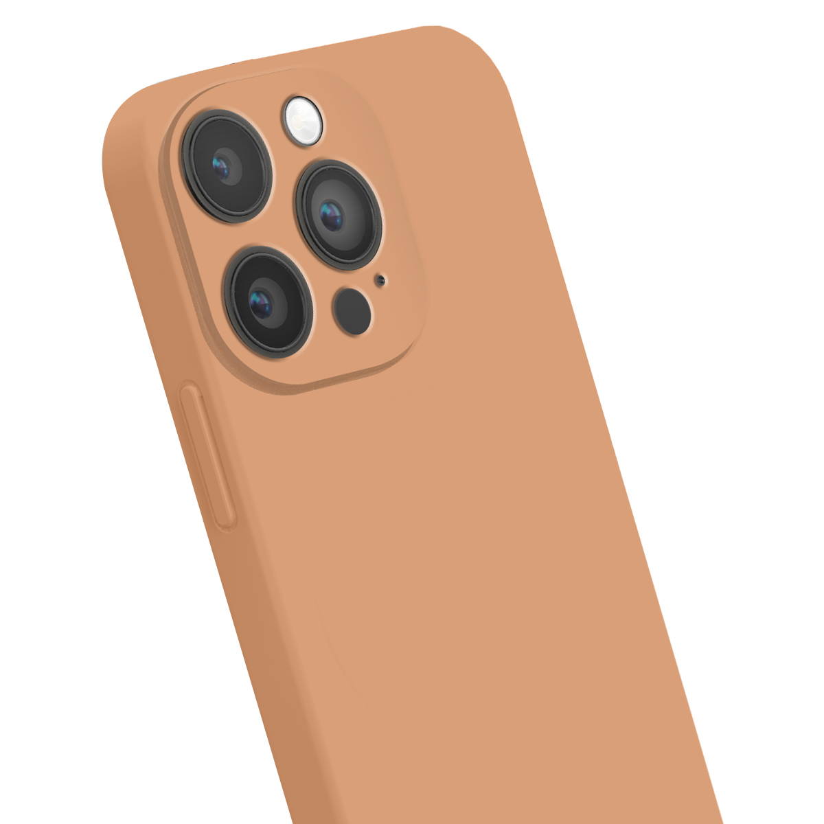 Retro di uno smartphone arancione con tre obiettivi fotografici e un flash su sfondo bianco.