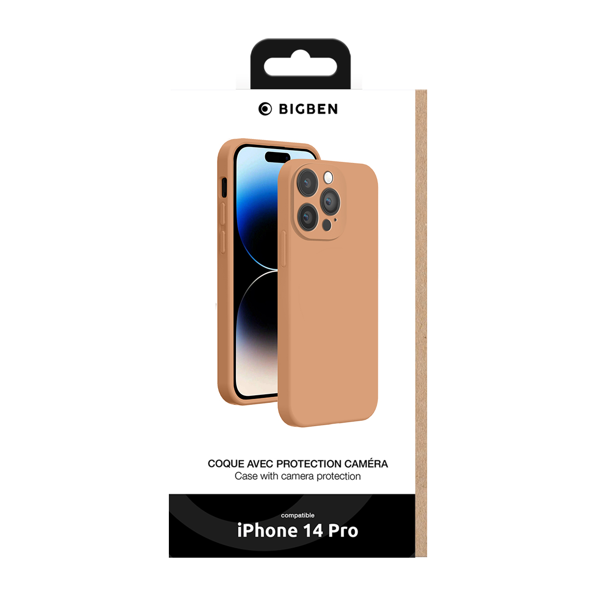 Confezione per cover Bigben iPhone 14 Pro con protezione fotocamera in beige.