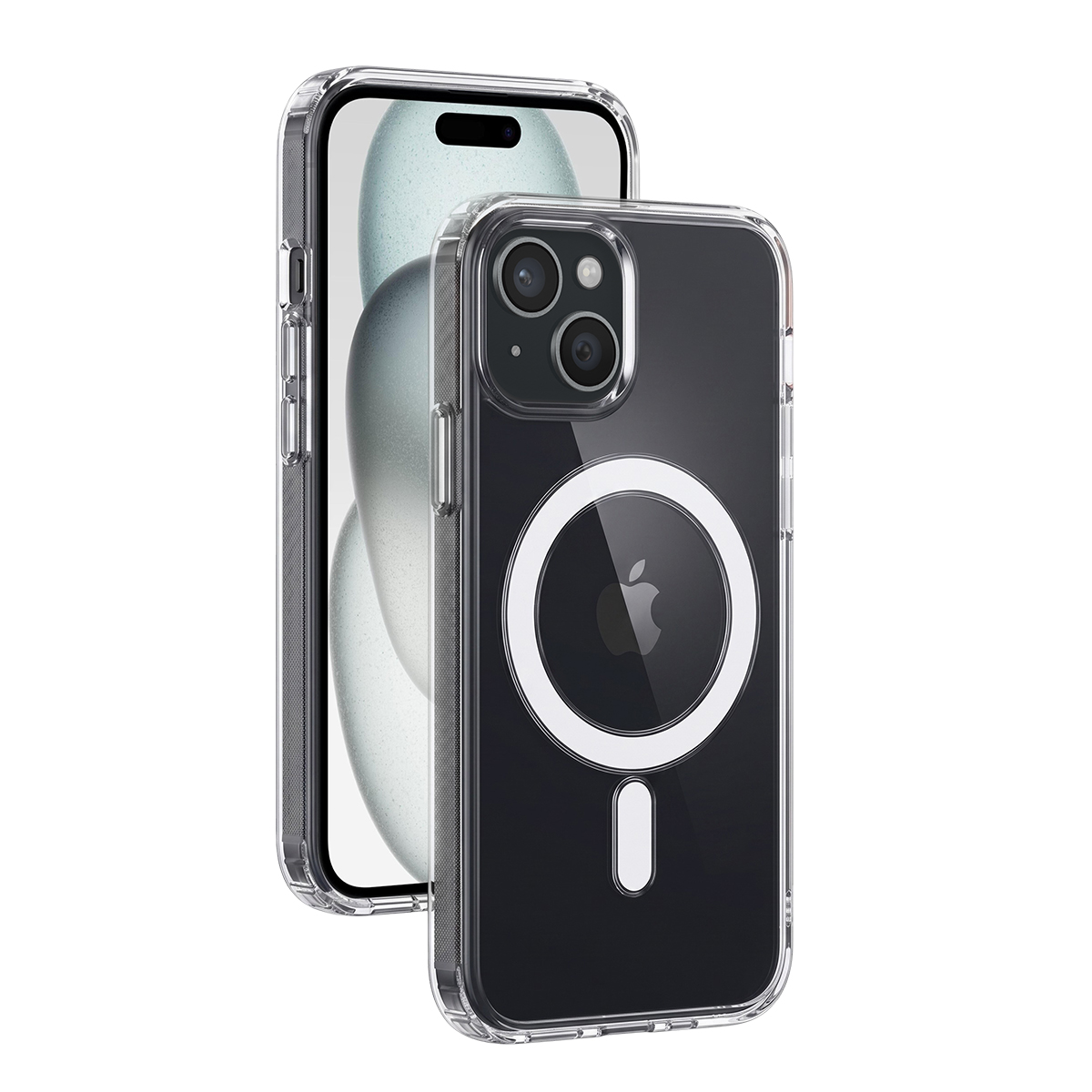 Uno smartphone in una cover trasparente MagSafe, con vista anteriore e posteriore.