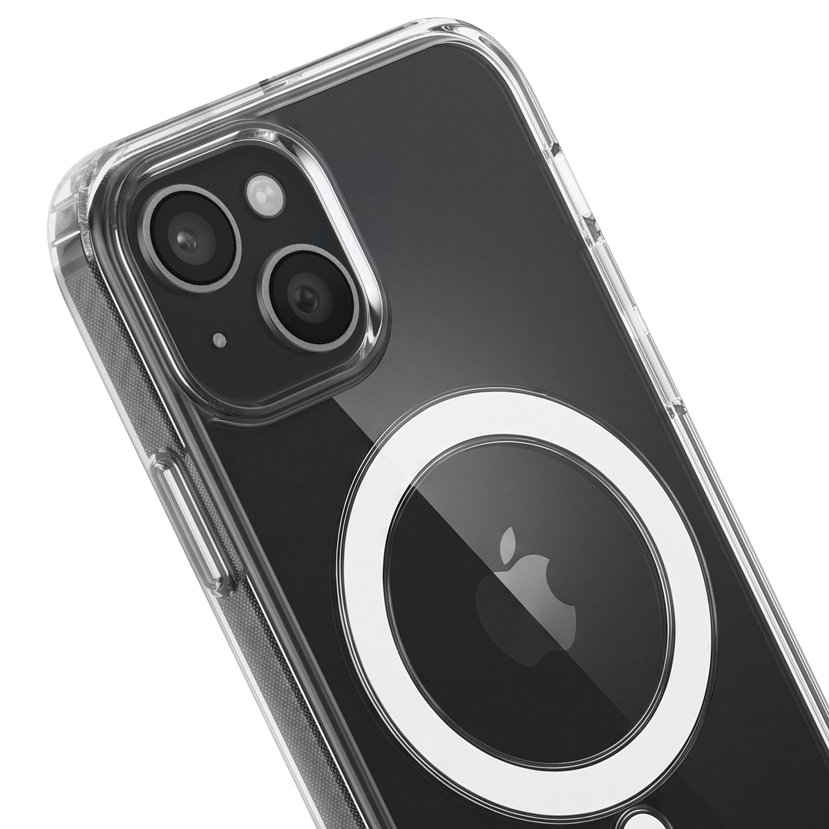 Uno smartphone nero in una custodia trasparente con un anello MagSafe sul retro.