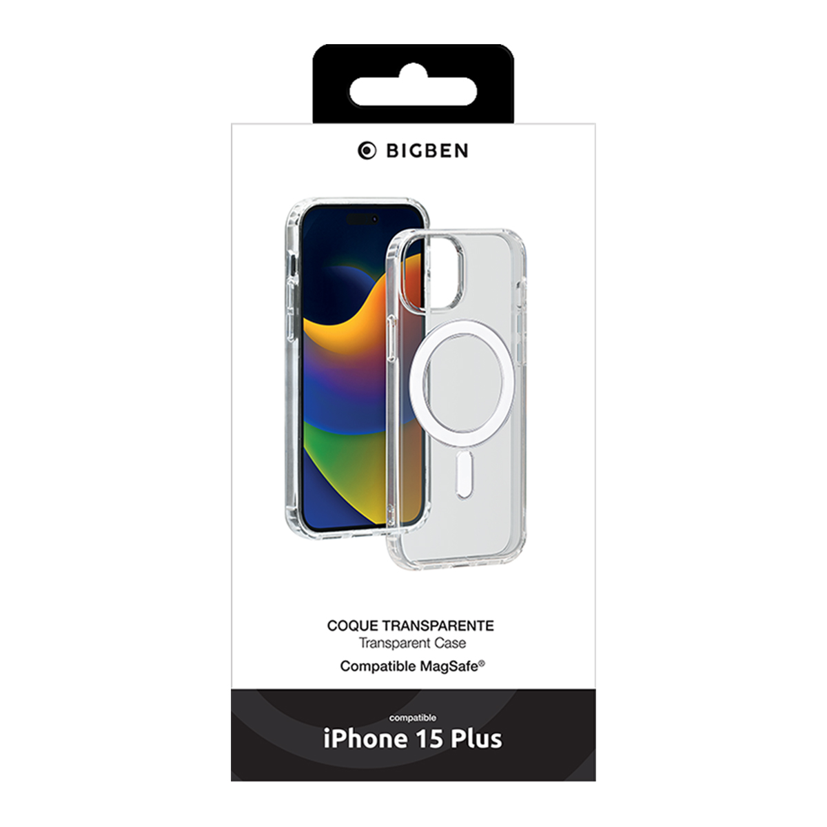 Confezione custodia trasparente MagSafe Bigben per iPhone 15 Plus che mostra la custodia e un telefono con schermo colorato.