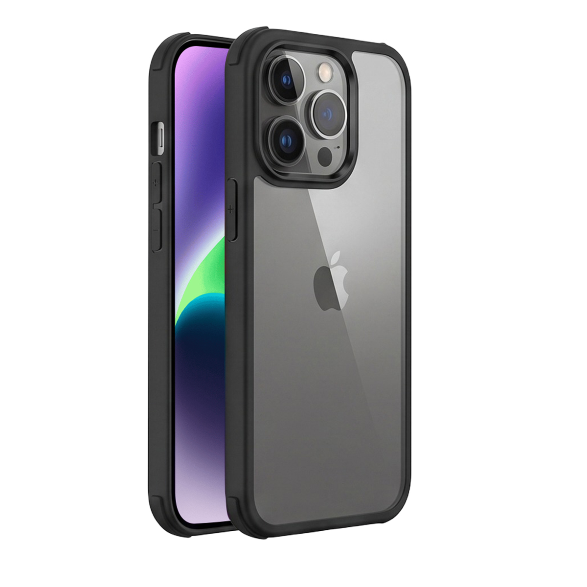 Smartphone in custodia protettiva nera, vista a tre quarti con tripla fotocamera e logo Apple.