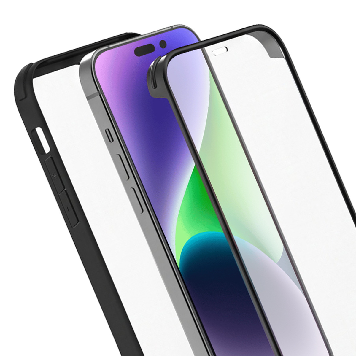 Tre strati angolati mostrano uno smartphone, una custodia nera e una pellicola protettiva.