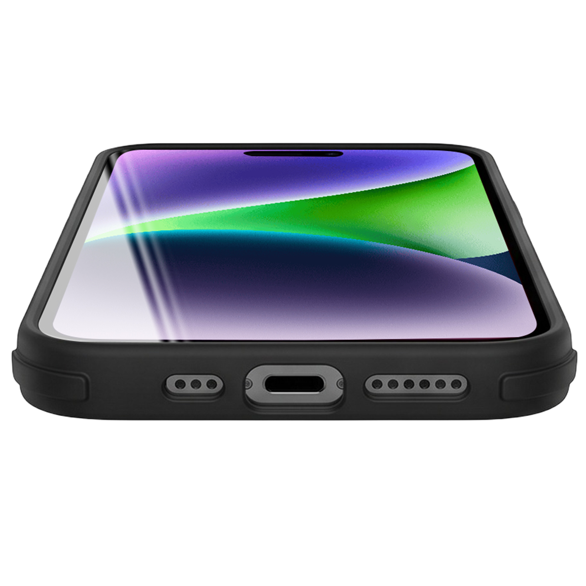 Primo piano di uno smartphone in custodia nera, con porta di carica e altoparlanti su sfondo bianco.