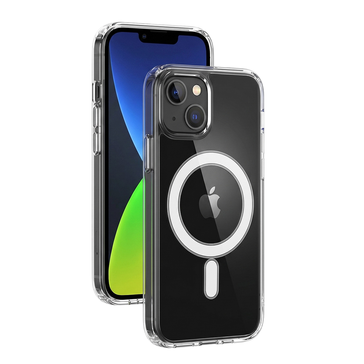 Un iPhone con custodia trasparente, anello MagSafe e logo Apple.