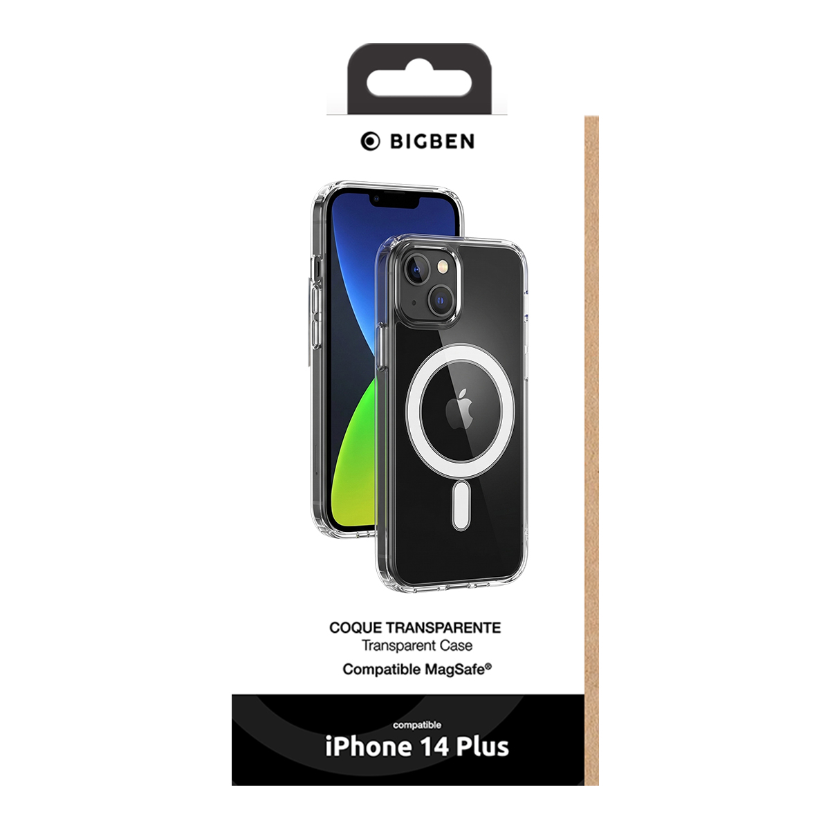 Confezione di una custodia trasparente MagSafe Bigben per iPhone 14 Plus.