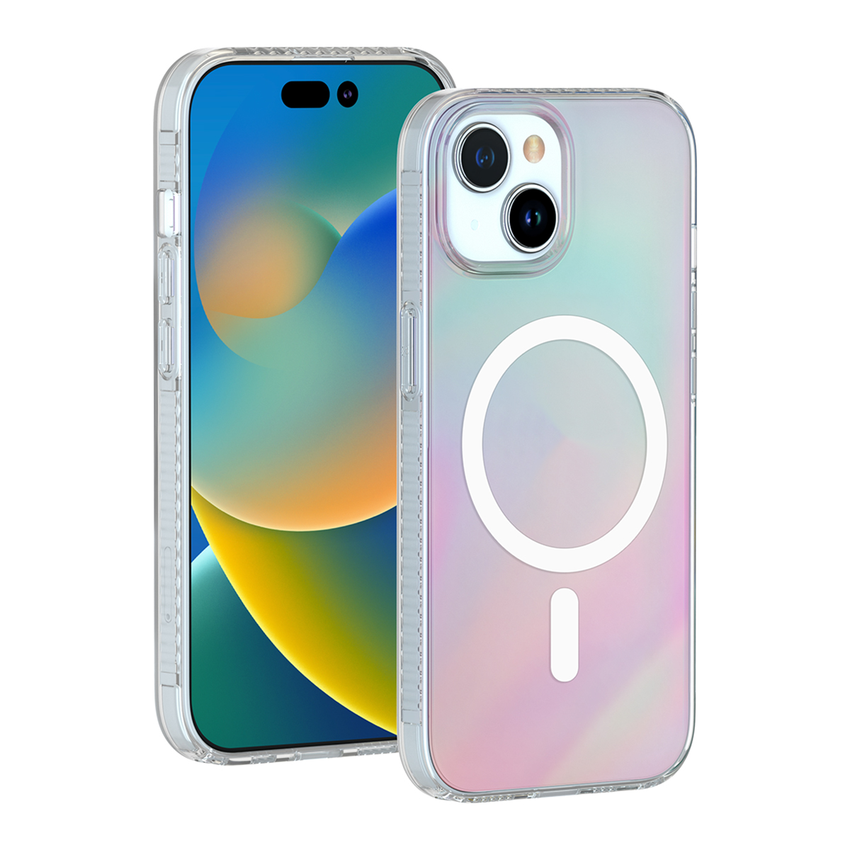 Due smartphone, uno con schermo colorato e l'altro con cover madreperlacea con MagSafe.