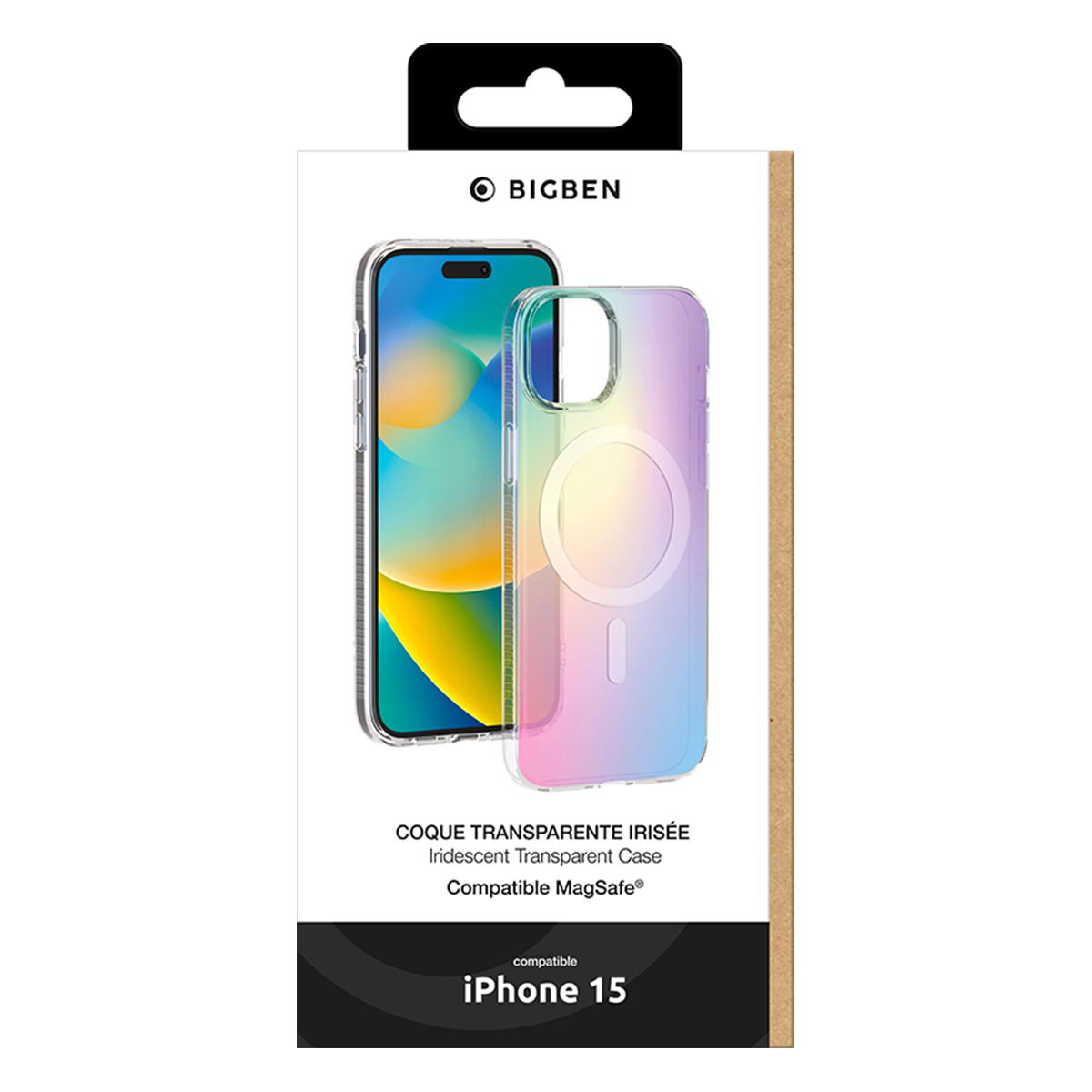 Confezione per cover per telefono MagSafe trasparente e iridescente per iPhone 15.