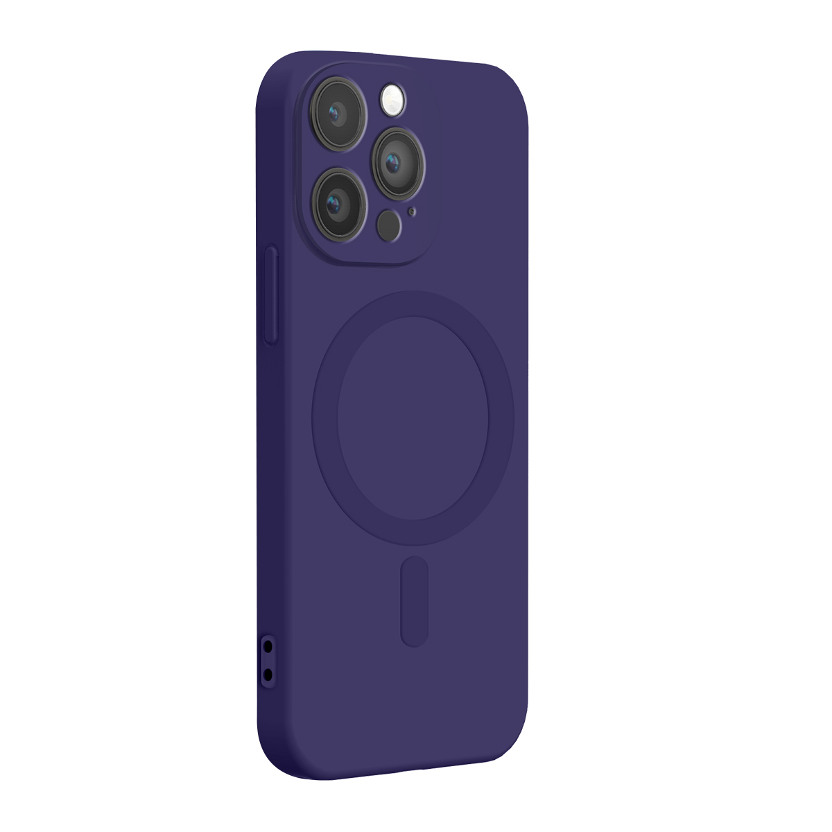 Custodia protettiva blu scuro per smartphone su sfondo bianco, con foro per fotocamera e cerchio MagSafe.