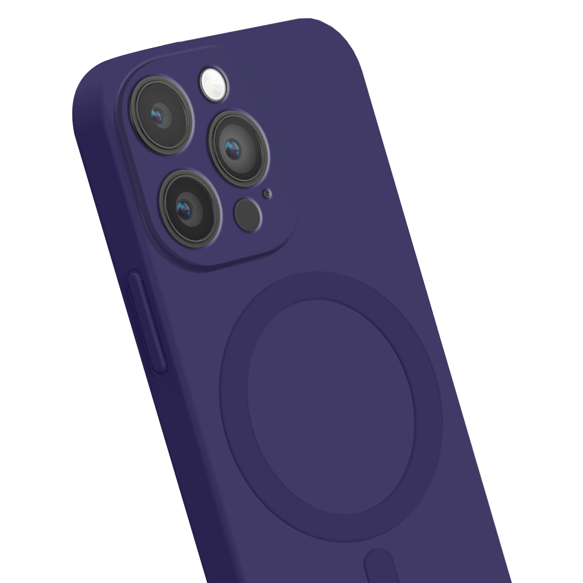 Custodia per smartphone viola scuro con tre obiettivi fotografici e un'icona MagSafe circolare sul retro.