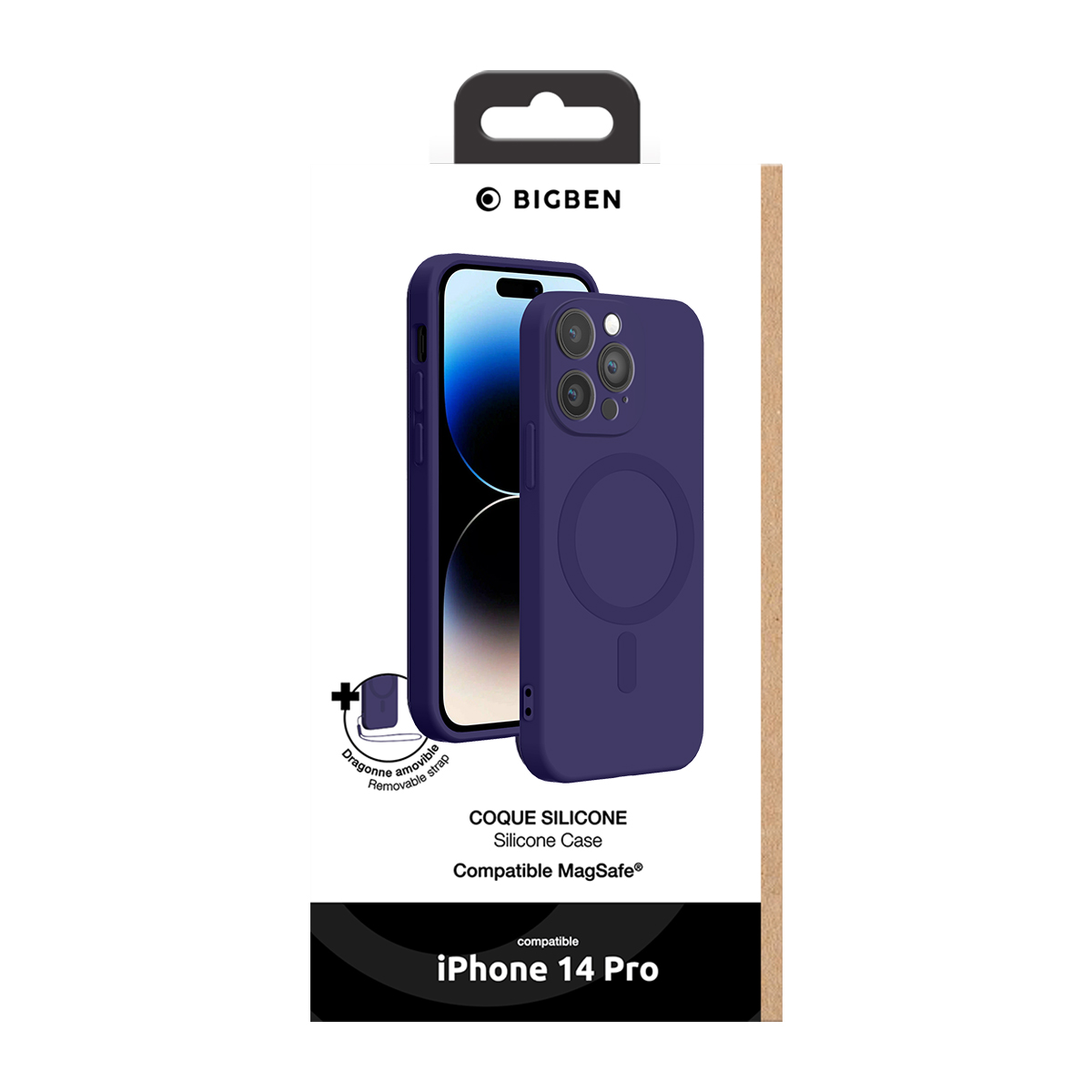 Confezione di una cover in silicone viola Bigben MagSafe per iPhone 14 Pro.