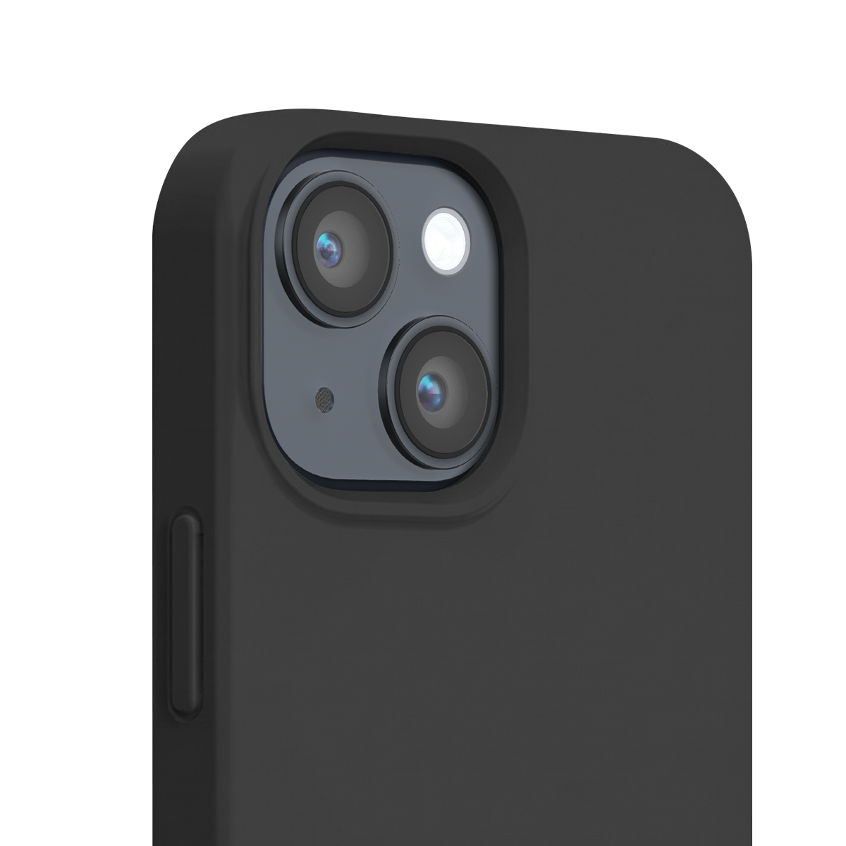 Primo piano di una custodia per smartphone nera con doppia fotocamera posteriore e pulsante laterale.
