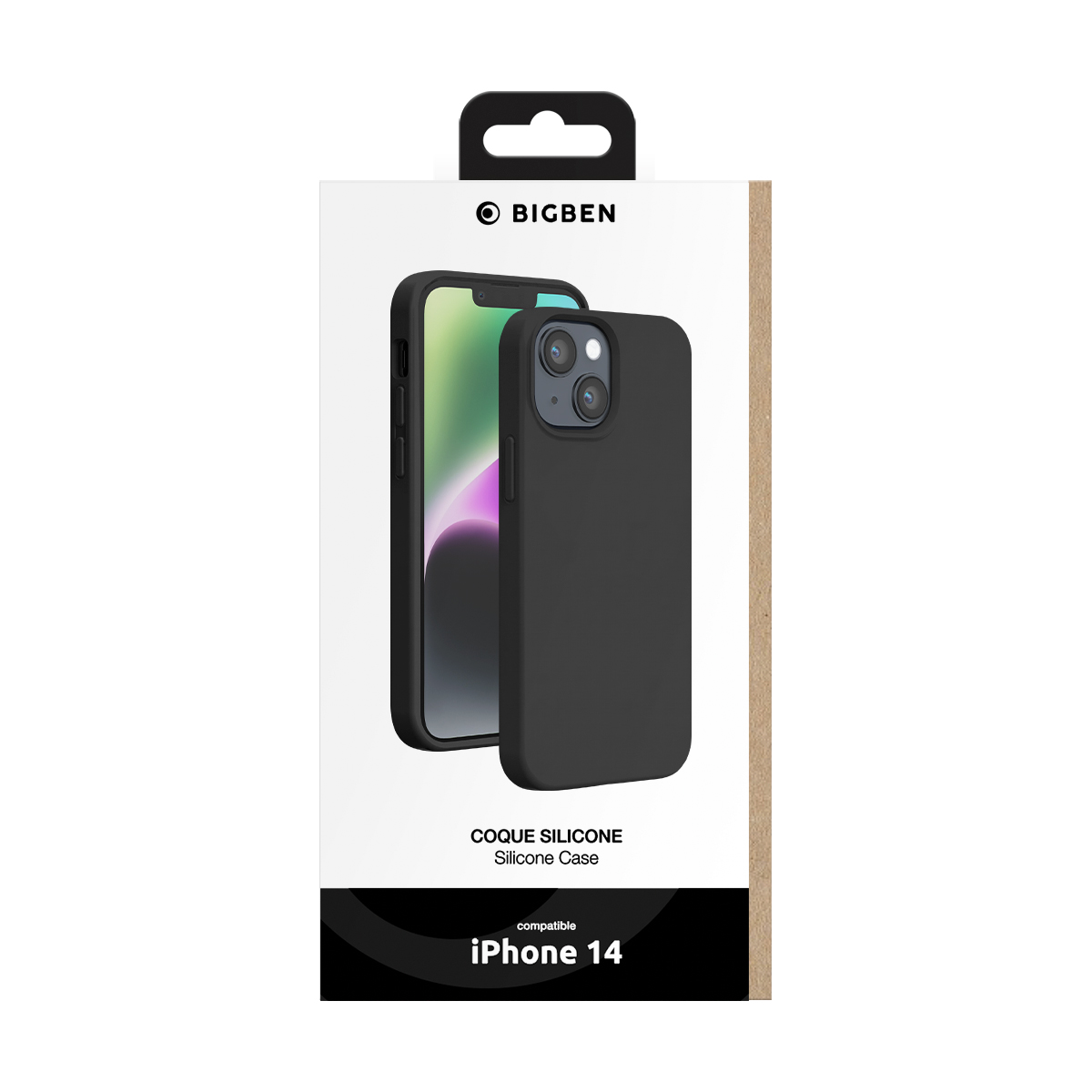 Confezione di una cover in silicone Bigben nera, compatibile con iPhone 14.