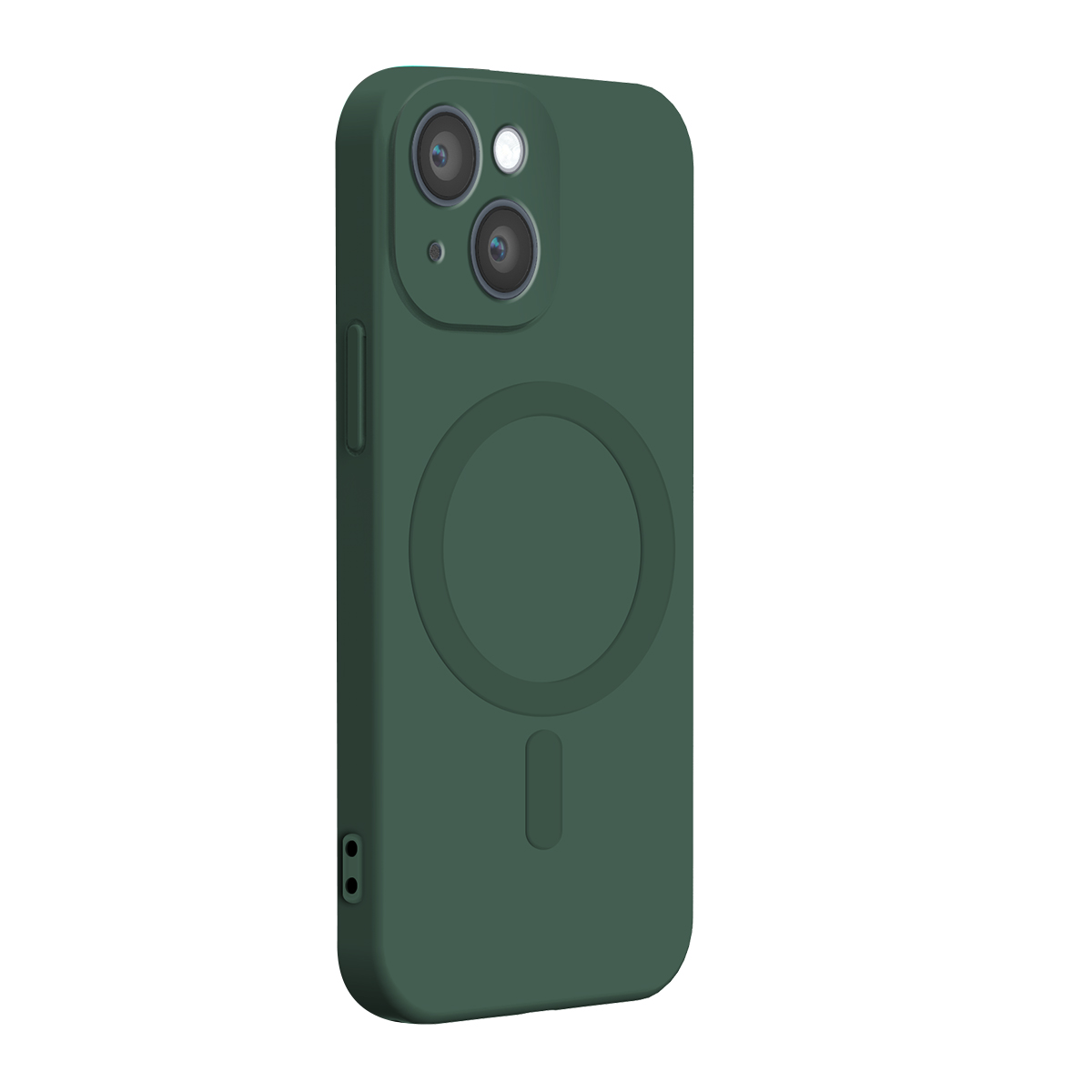 Custodia per smartphone verde scuro con cerchio MagSafe e due obiettivi fotografici verticali su sfondo bianco.