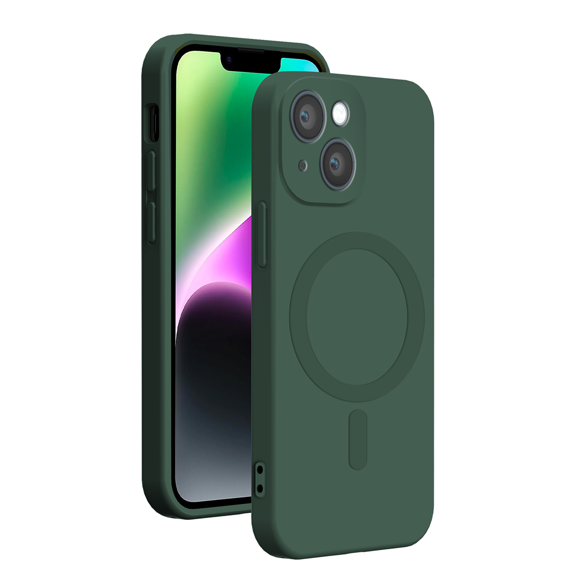 Una custodia per smartphone verde scuro mostrata di fronte con un telefono e di retro con un anello MagSafe.