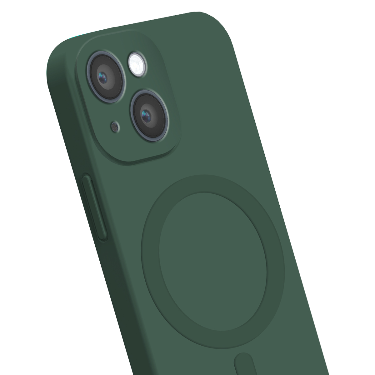 Custodia per smartphone verde scuro con ritaglio per fotocamera e simbolo MagSafe.