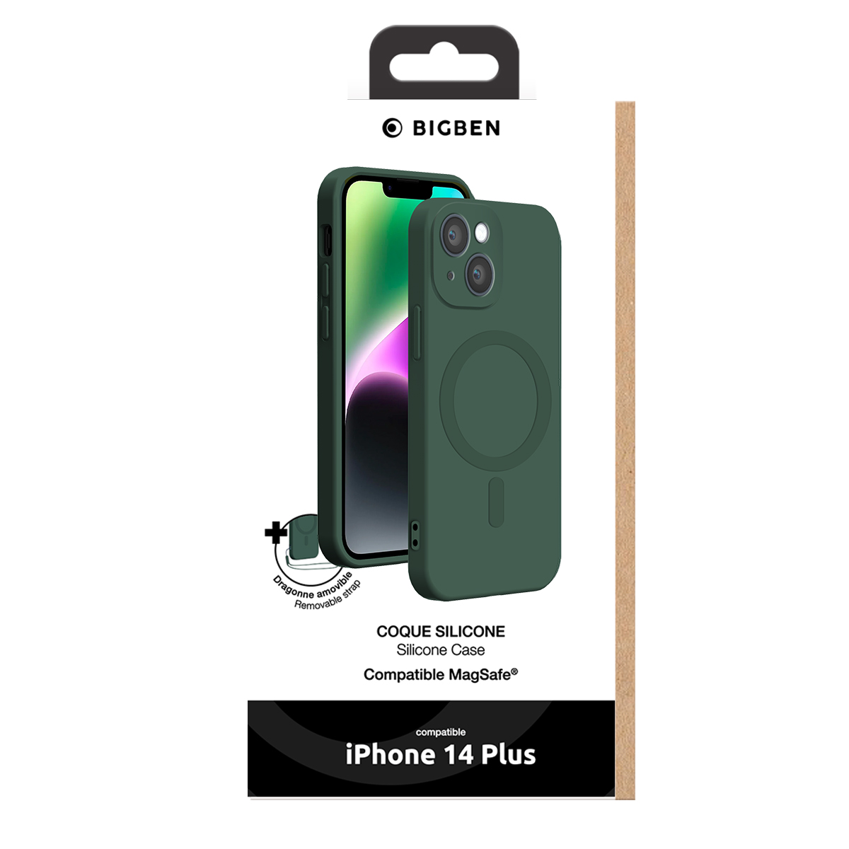 Cover in silicone verde Bigben con compatibilità MagSafe per iPhone 14 Plus nella confezione.