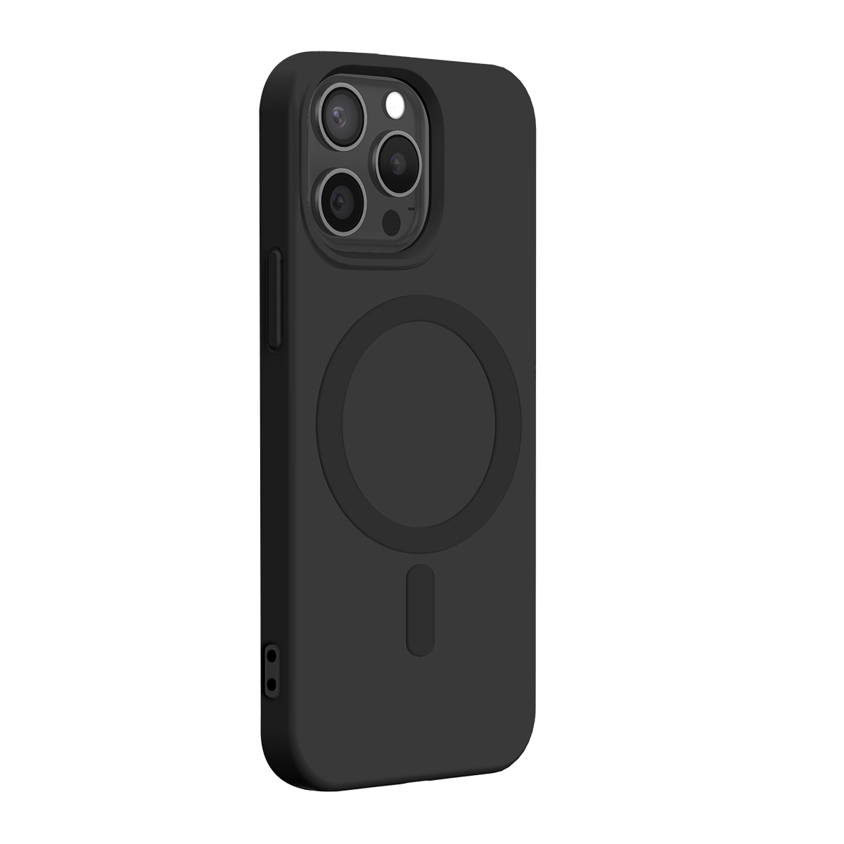 Una custodia per smartphone nero opaco con ritaglio per fotocamera e anello MagSafe sul retro.
