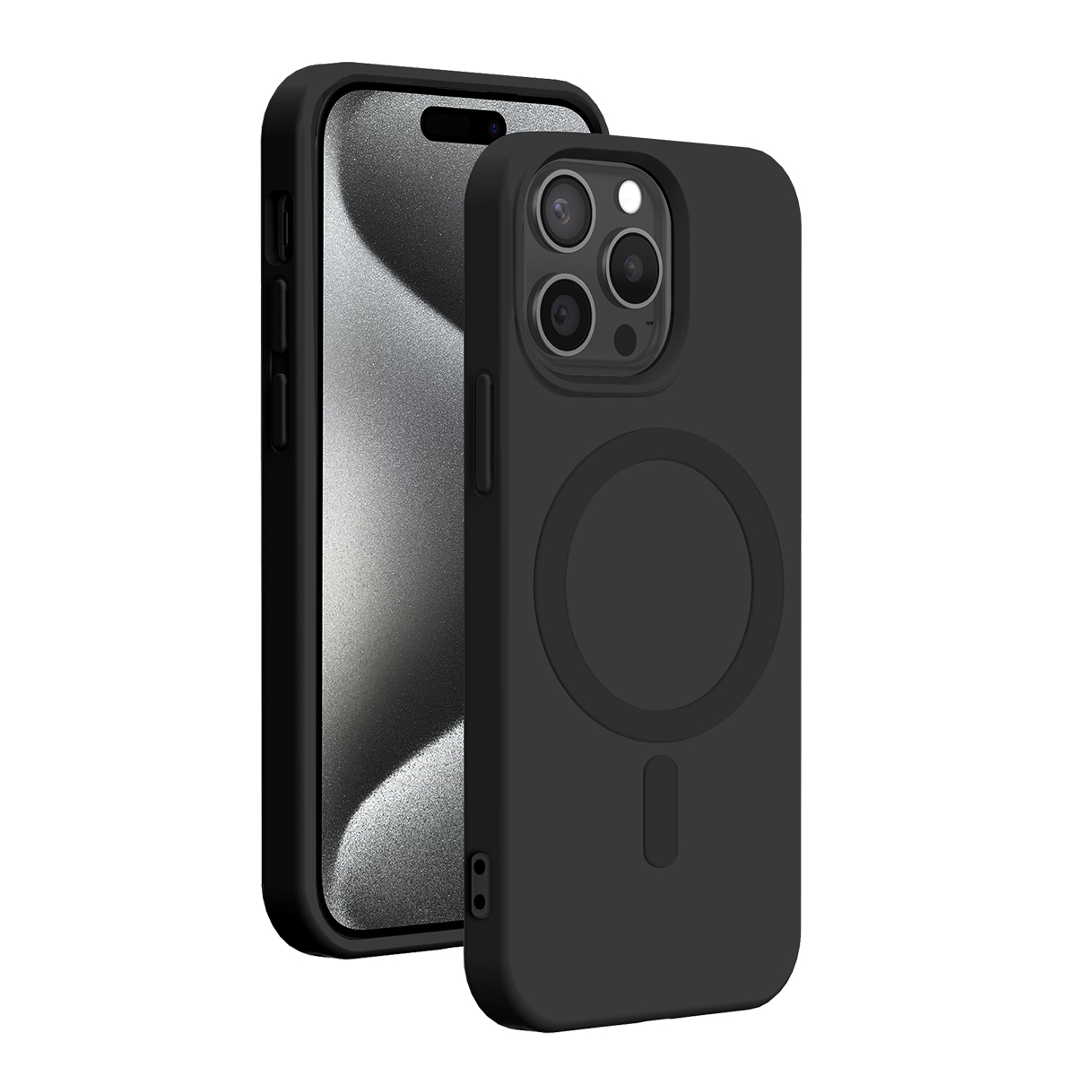 Due smartphone neri in custodia, uno mostra lo schermo e l'altro il retro con fotocamera e anello MagSafe.