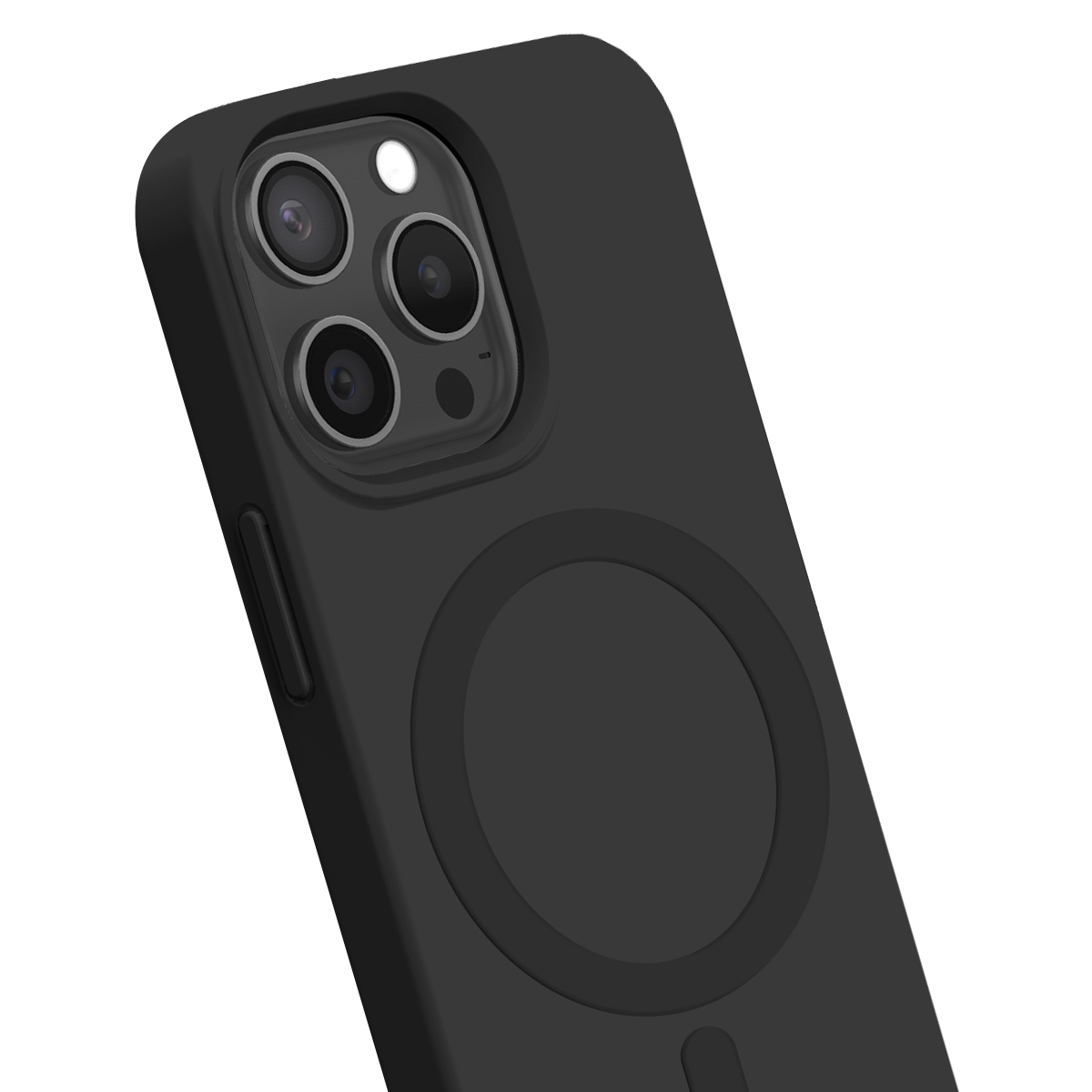 Custodia nera per iPhone con anello MagSafe e tripla fotocamera su sfondo bianco.