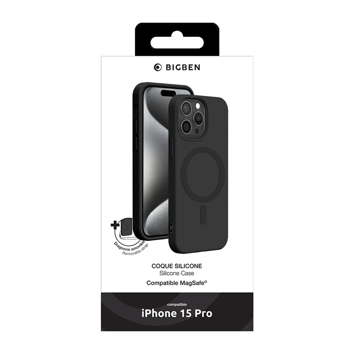 Custodia in silicone MagSafe nera per iPhone 15 Pro in confezione bianca con logo Bigben.
