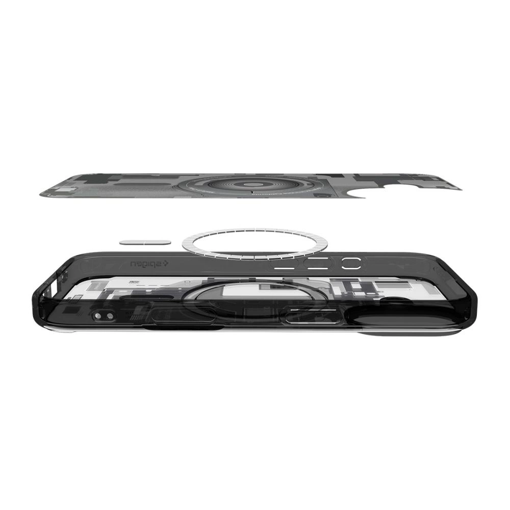 Vista esplosa di una custodia trasparente per telefono con design tecnico interno e anello magnetico.