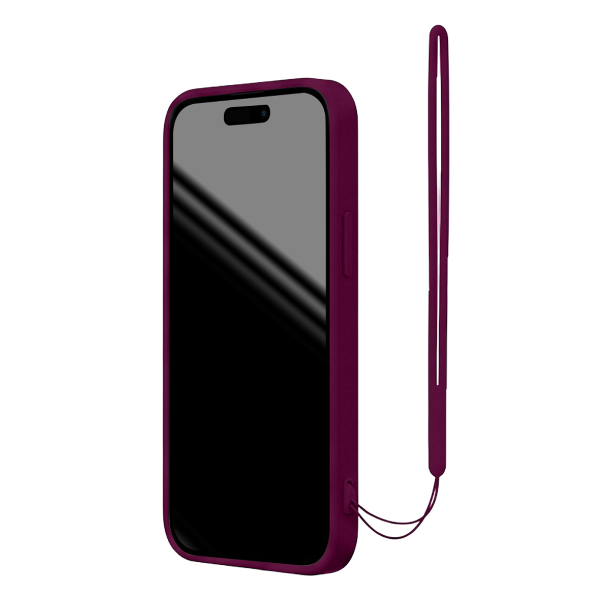 Uno smartphone viola scuro con custodia a tracolla coordinata su sfondo bianco.