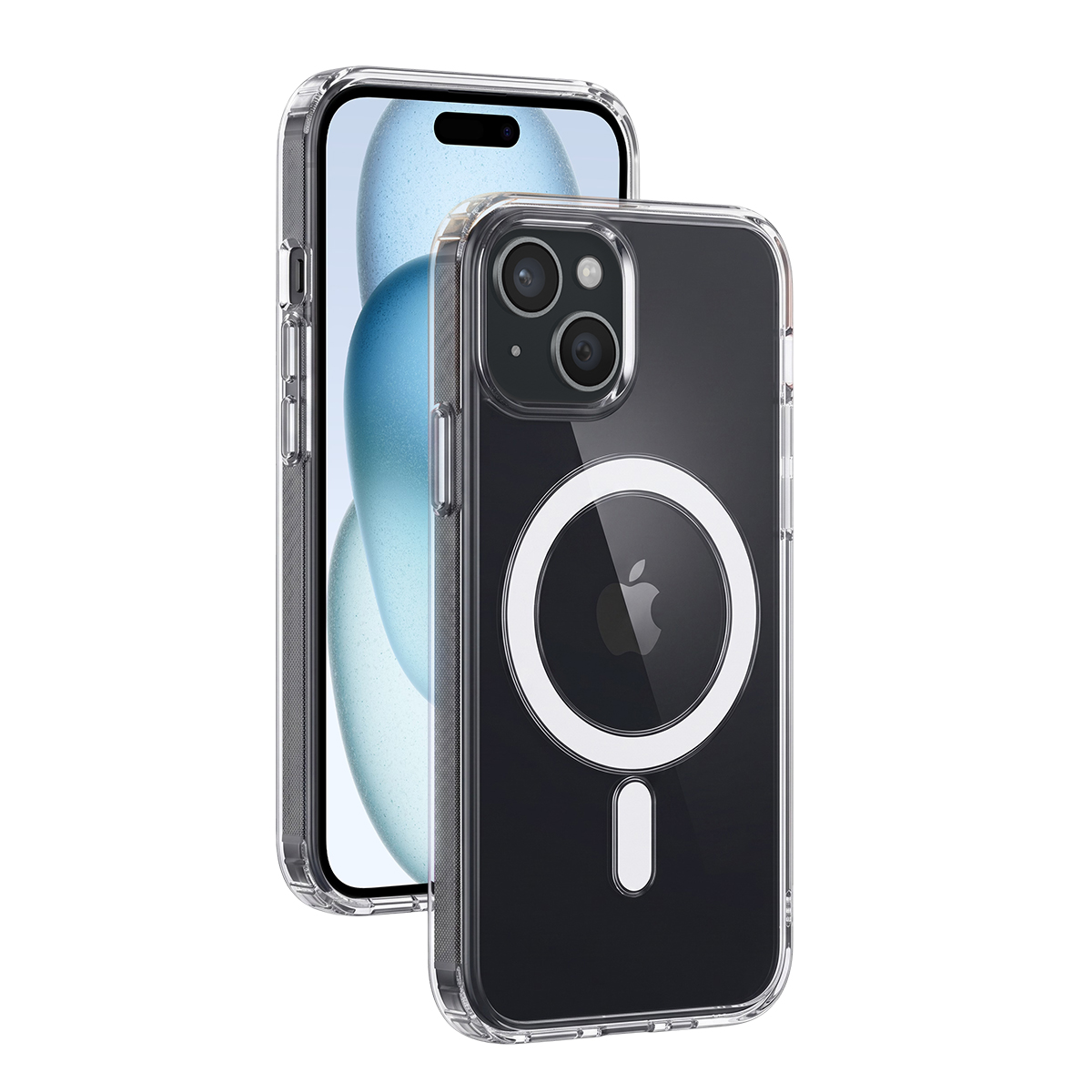 Uno smartphone con cover MagSafe trasparente mostra lo schermo davanti e il logo Apple con anello sul retro.