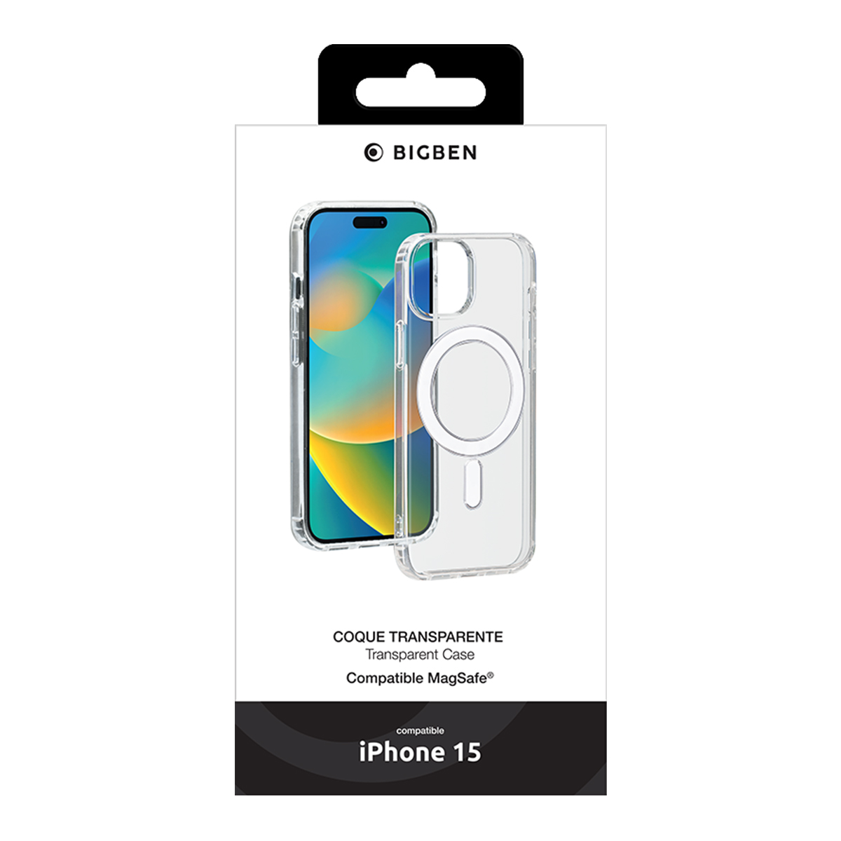 Confezione per custodia trasparente MagSafe Bigben per iPhone 15 con telefono e custodia.