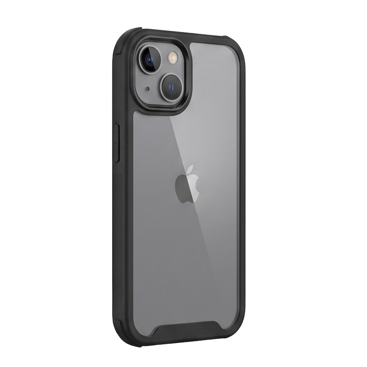 Uno smartphone in una custodia trasparente con bordo nero mostra il logo Apple sul retro.